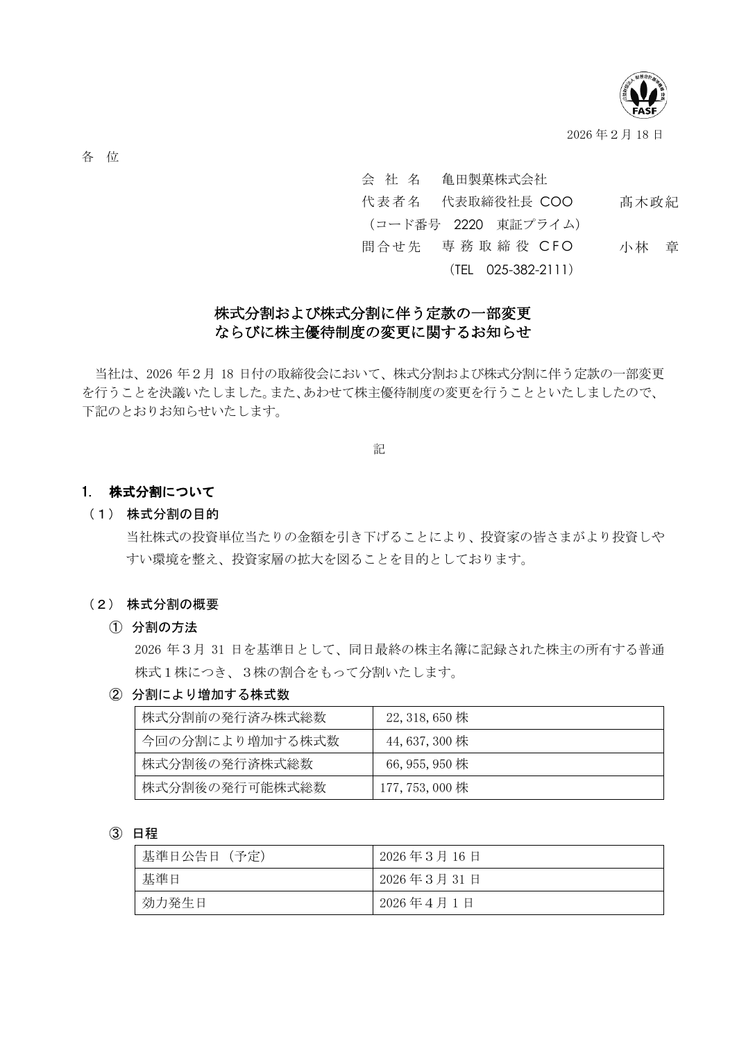 ならびに株主優待制度の変更に関するお知らせ