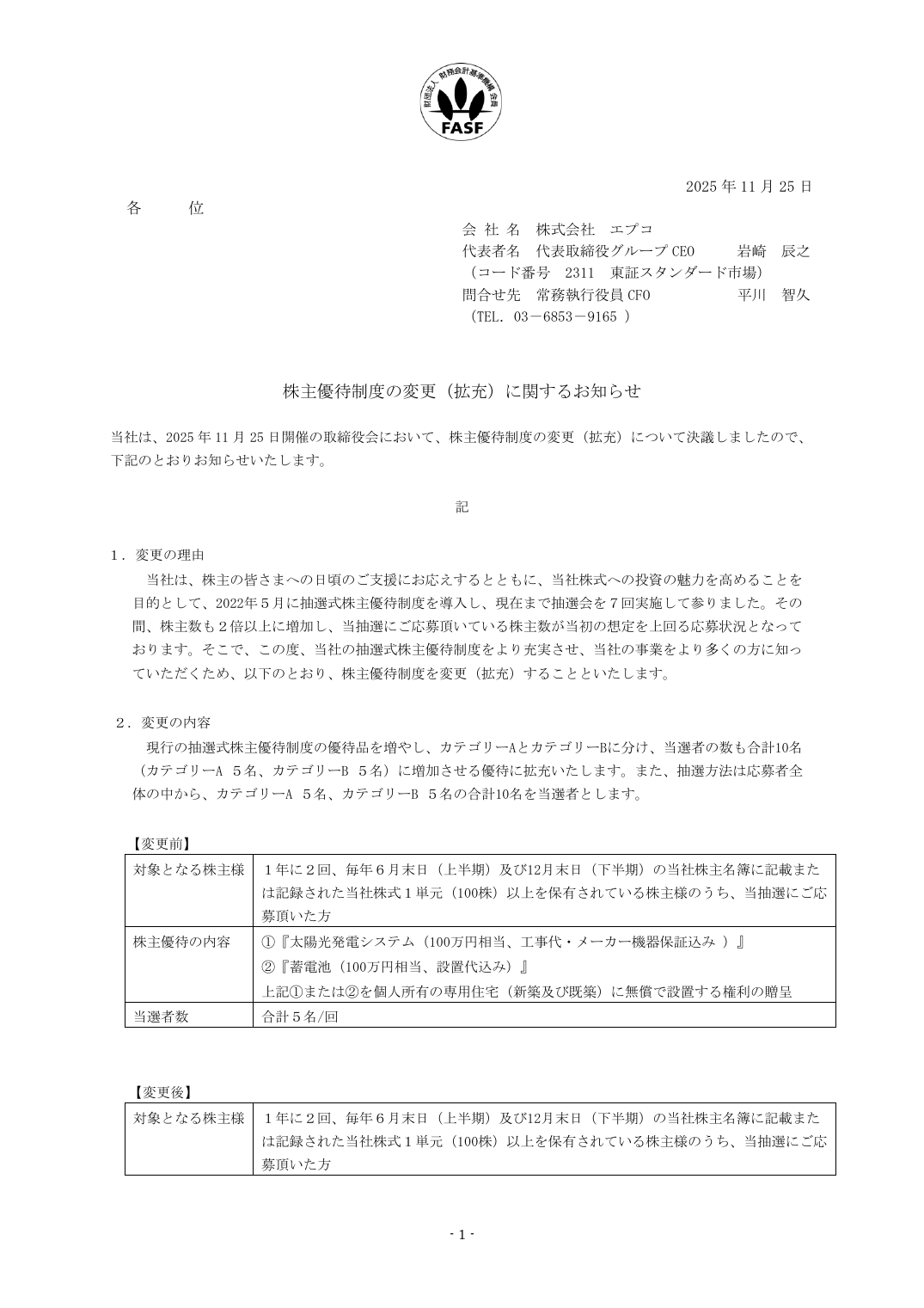 株主優待制度の変更(拡充)に関するお知らせ