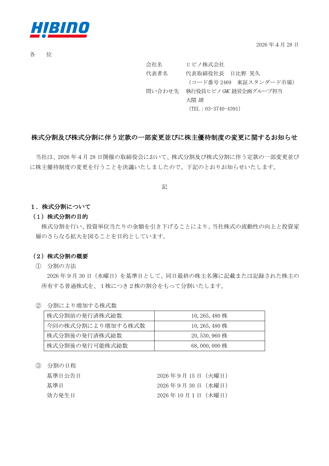 株式分割及び株式分割に伴う定款の一部変更並びに株主優待制度の変更に関するお知らせ