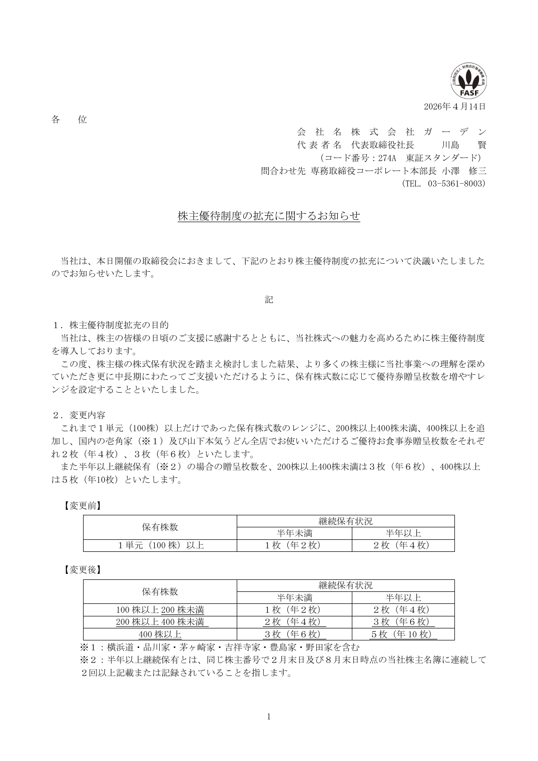株主優待制度の拡充に関するお知らせ
