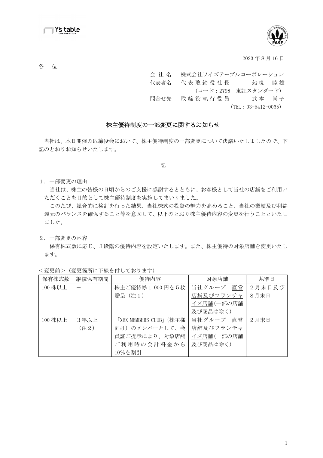 株主優待制度の一部変更に関するお知らせ