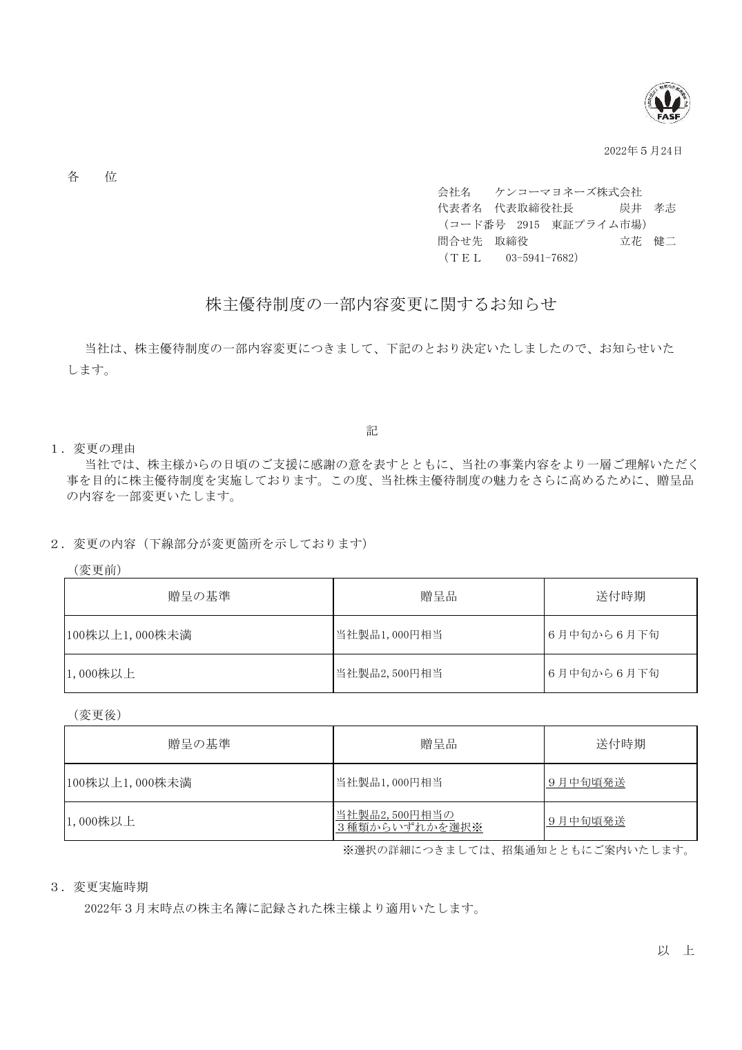 株主優待制度の一部内容変更に関するお知らせ