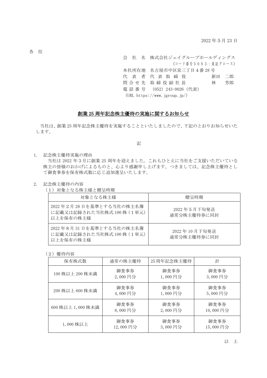 創業 25 周年記念株主優待の実施に関するお知らせ