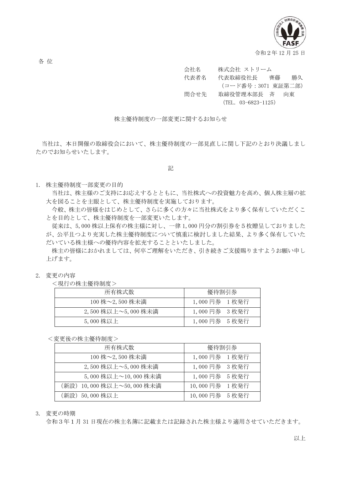 株主優待制度の一部変更に関するお知らせ