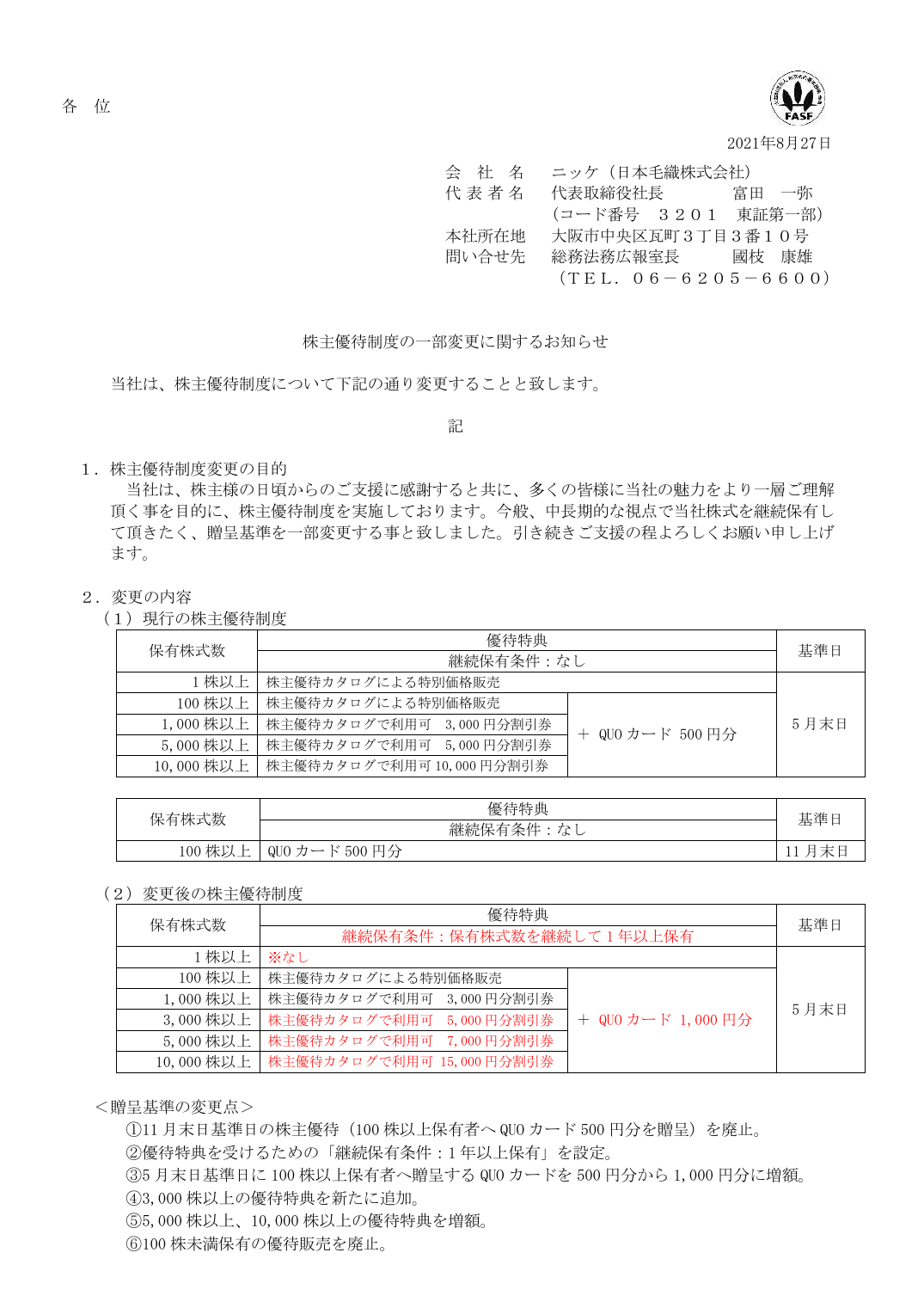 株主優待制度の一部変更に関するお知らせ