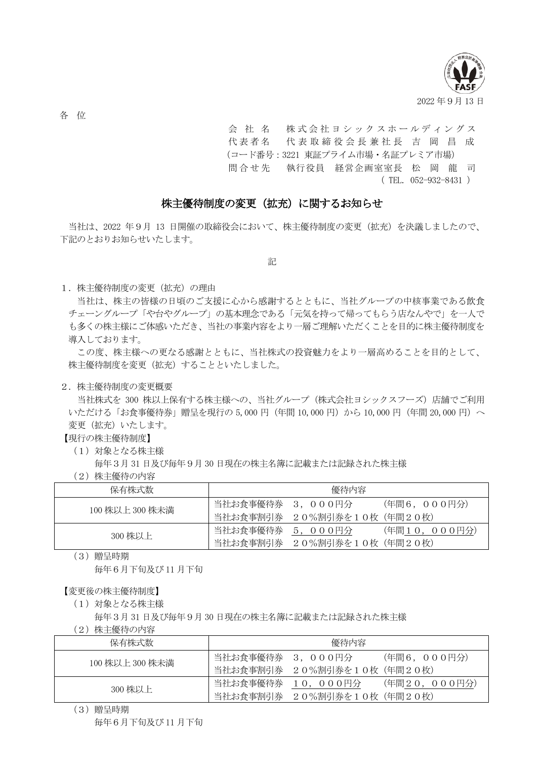 株主優待制度の変更(拡充)に関するお知らせ