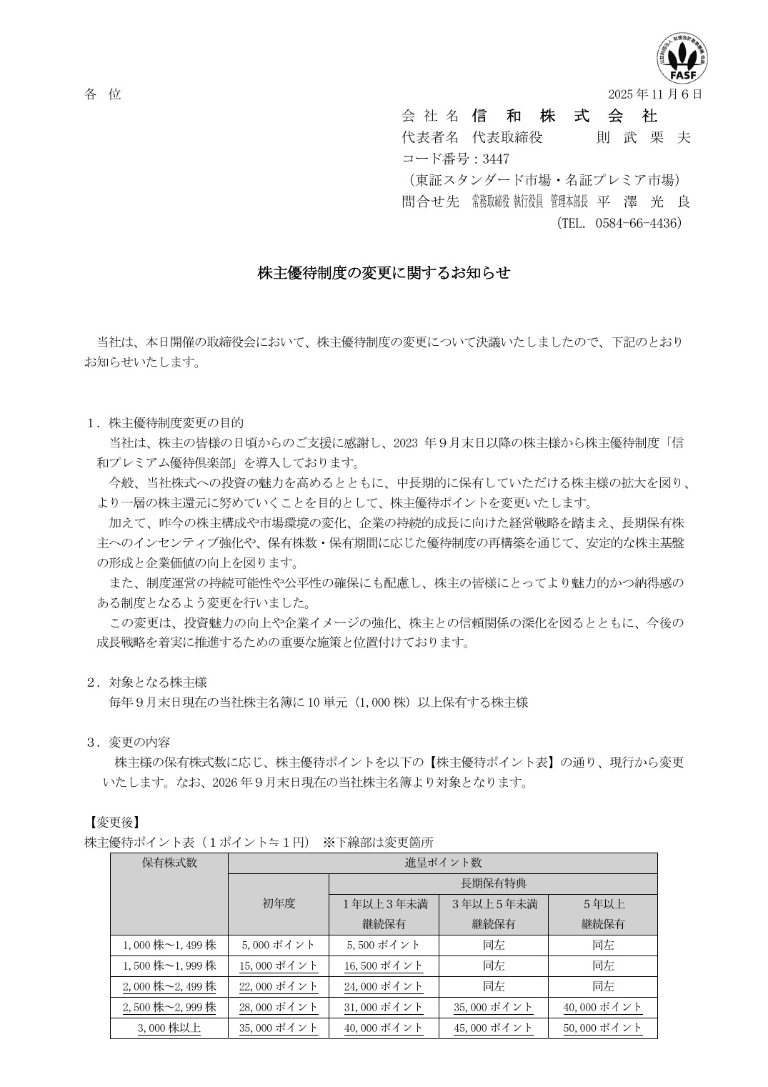 株主優待制度の変更に関するお知らせ