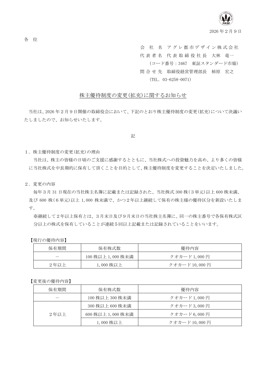 株主優待制度の変更(拡充)に関するお知らせ
