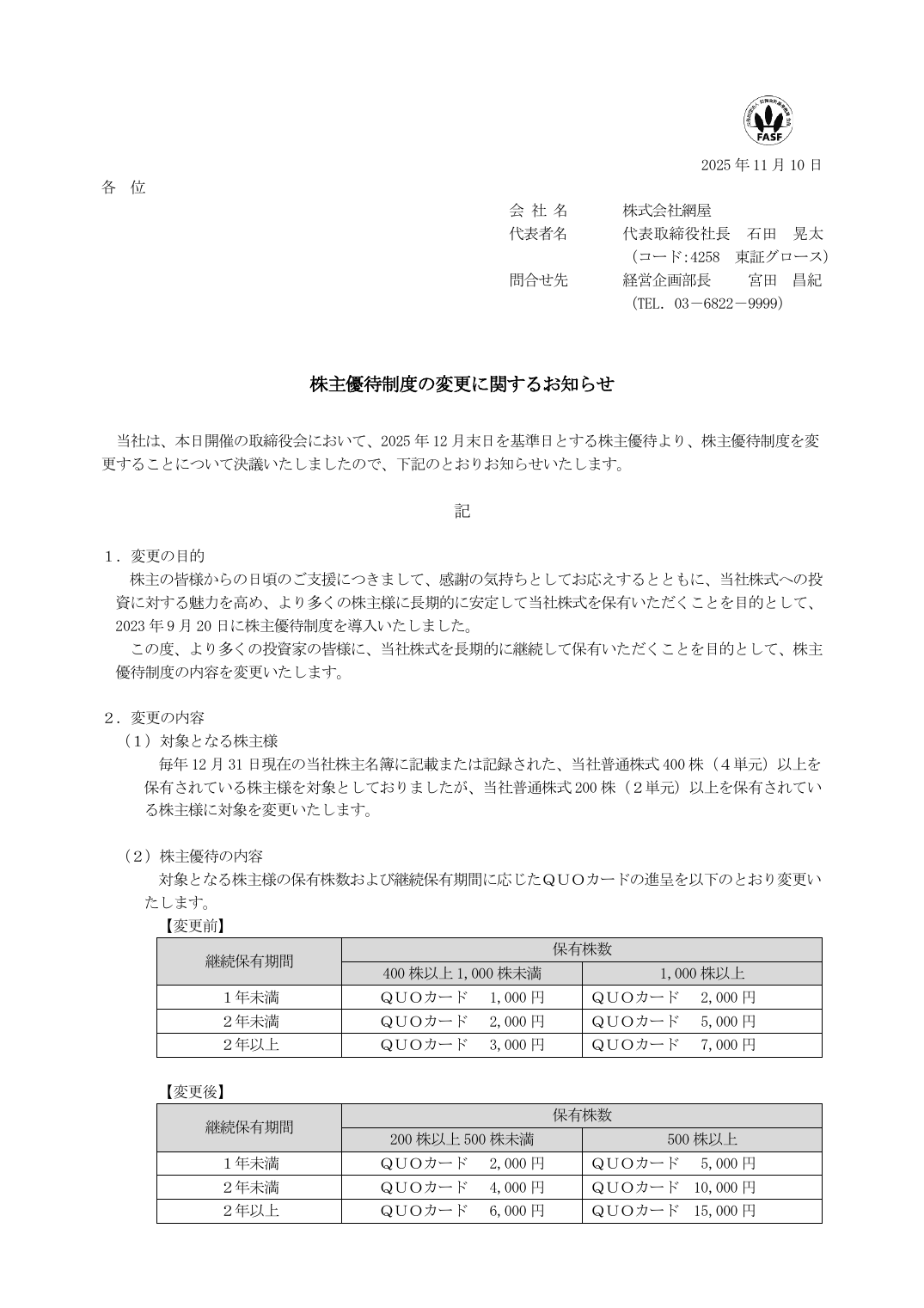 株主優待制度の変更に関するお知らせ