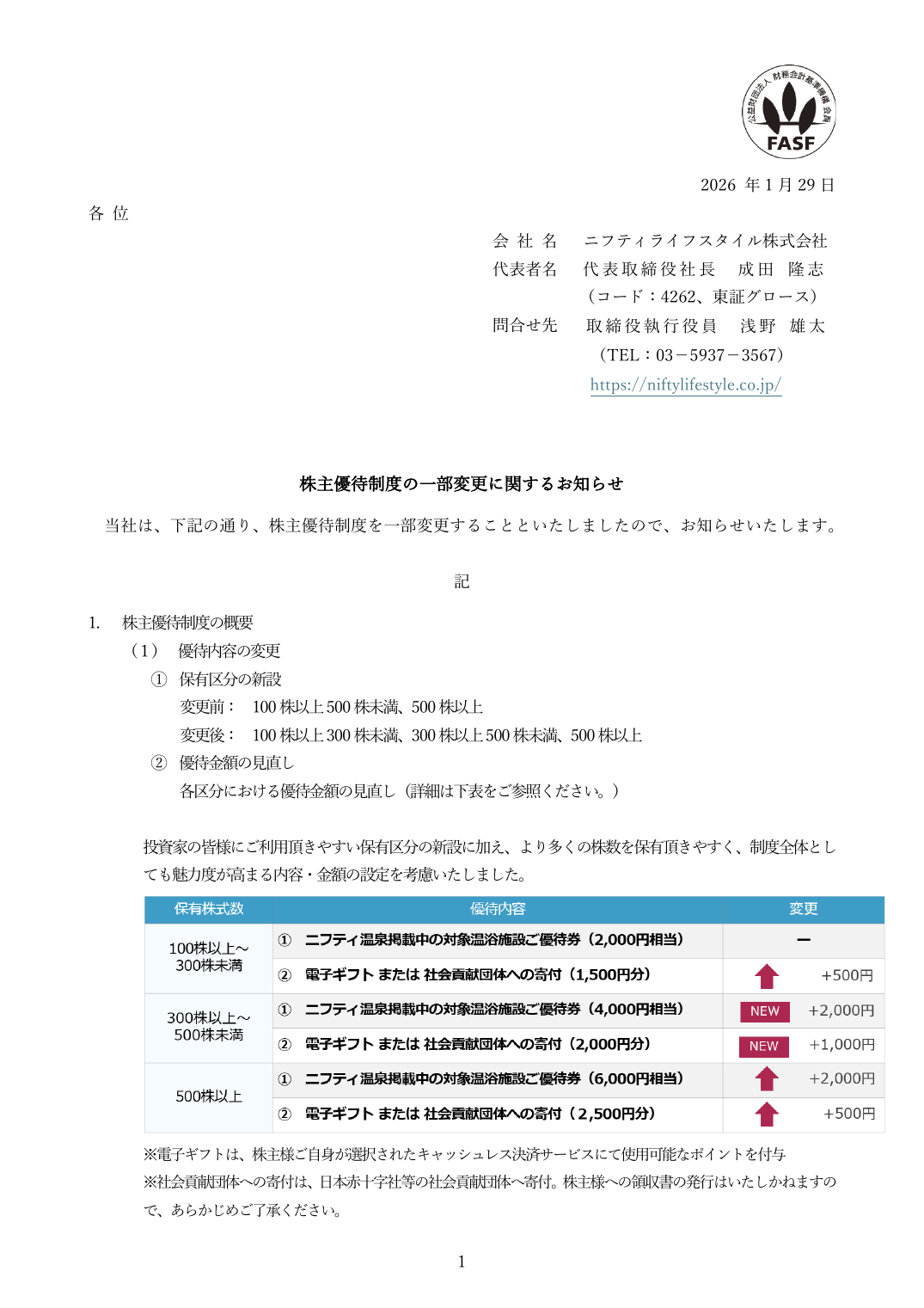 株主優待制度の一部変更に関するお知らせ