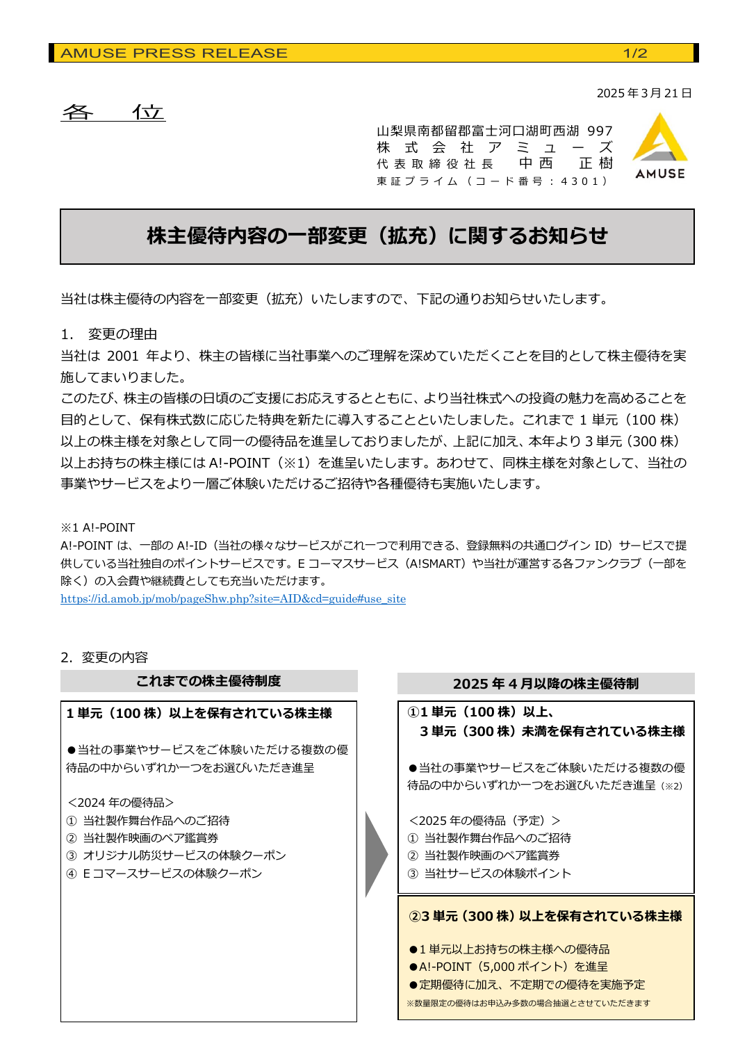 株主優待内容の一部変更(拡充)に関するお知らせ