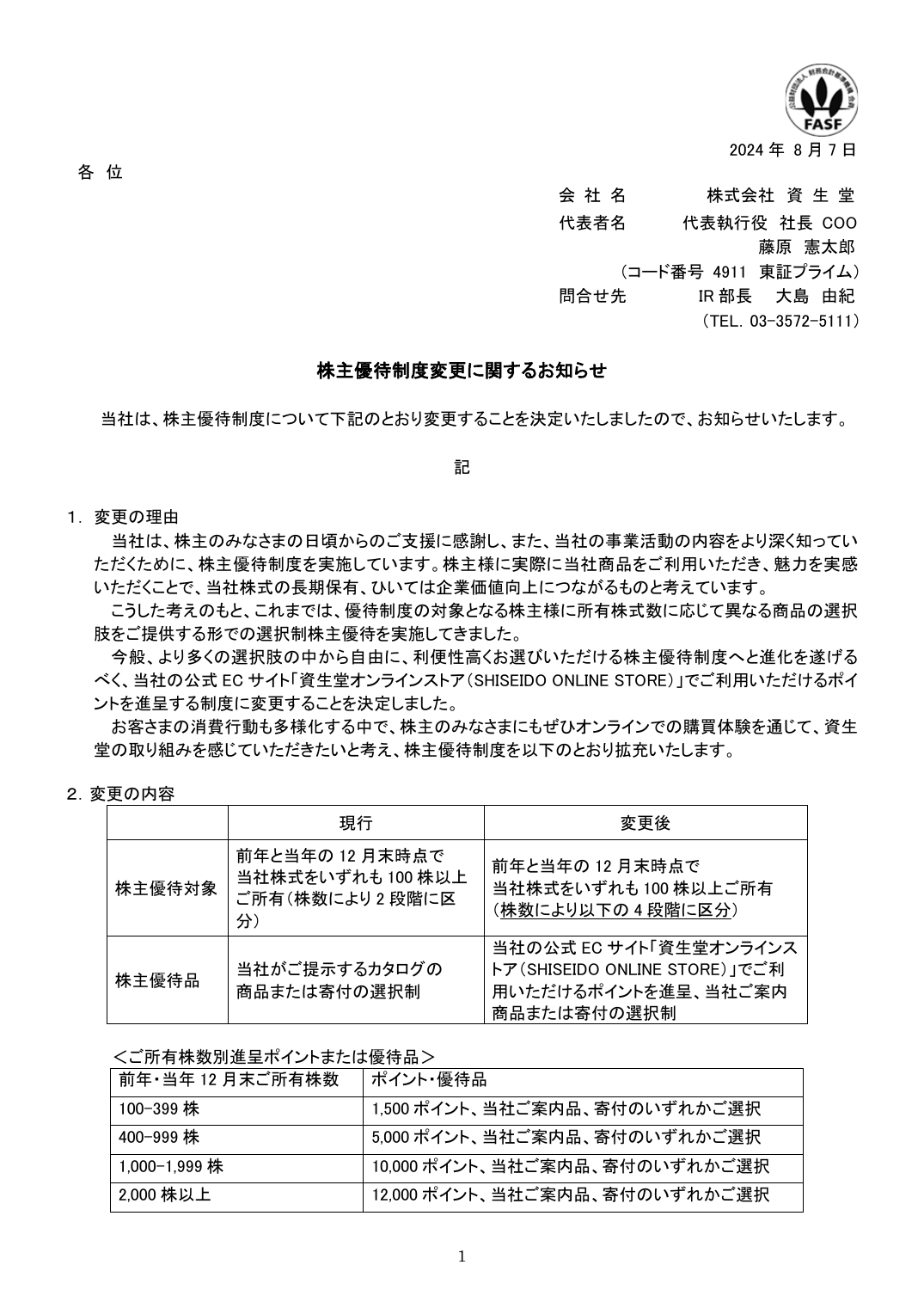 株主優待制度変更に関するお知らせ