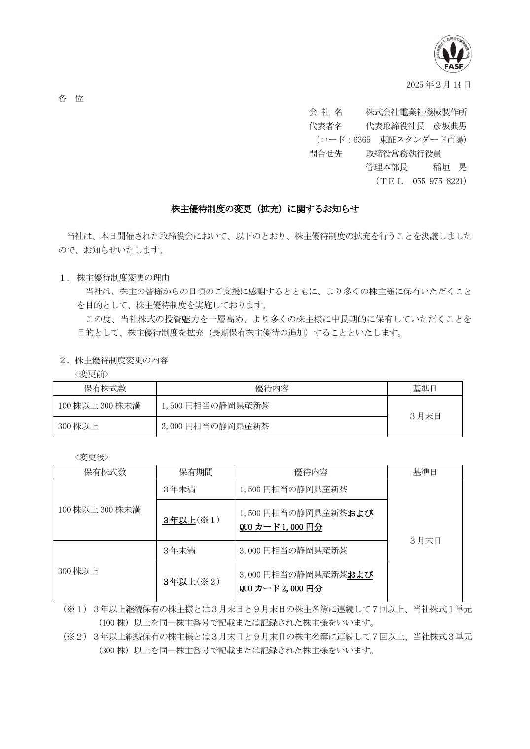 株主優待制度の変更（拡充）に関するお知らせ