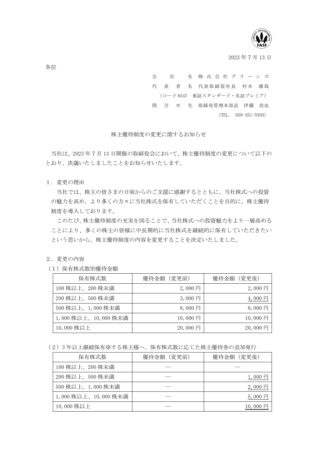 株主優待制度の変更に関するお知らせ