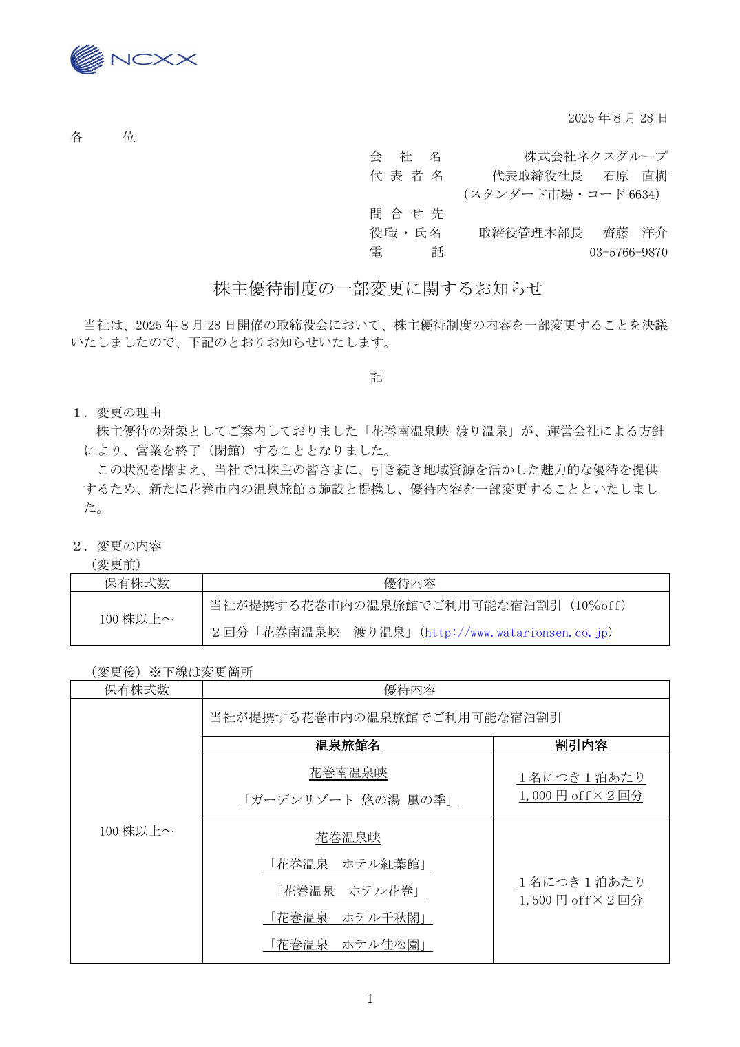 株主優待制度の一部変更に関するお知らせ