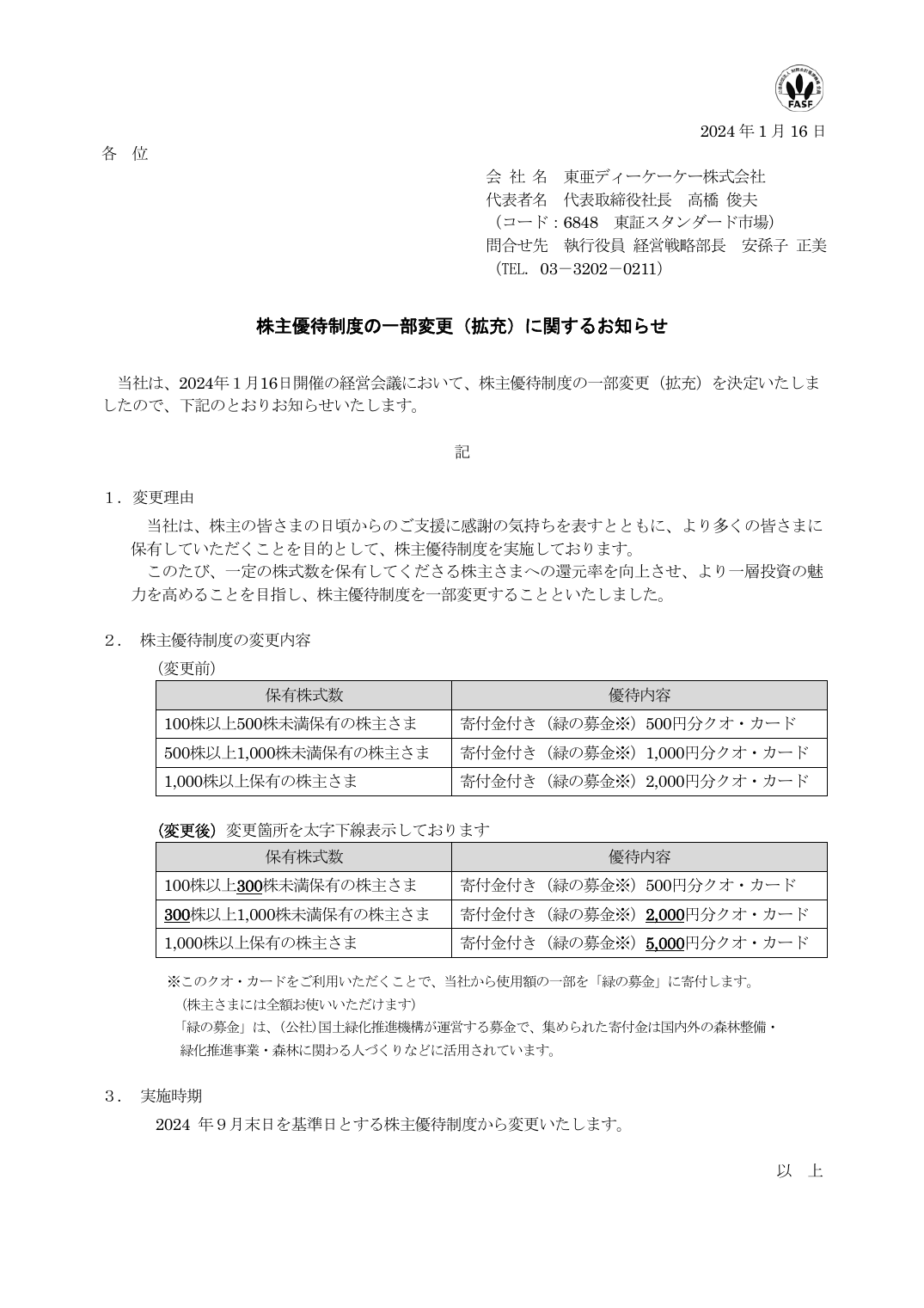 株主優待制度の一部変更（拡充）に関するお知らせ