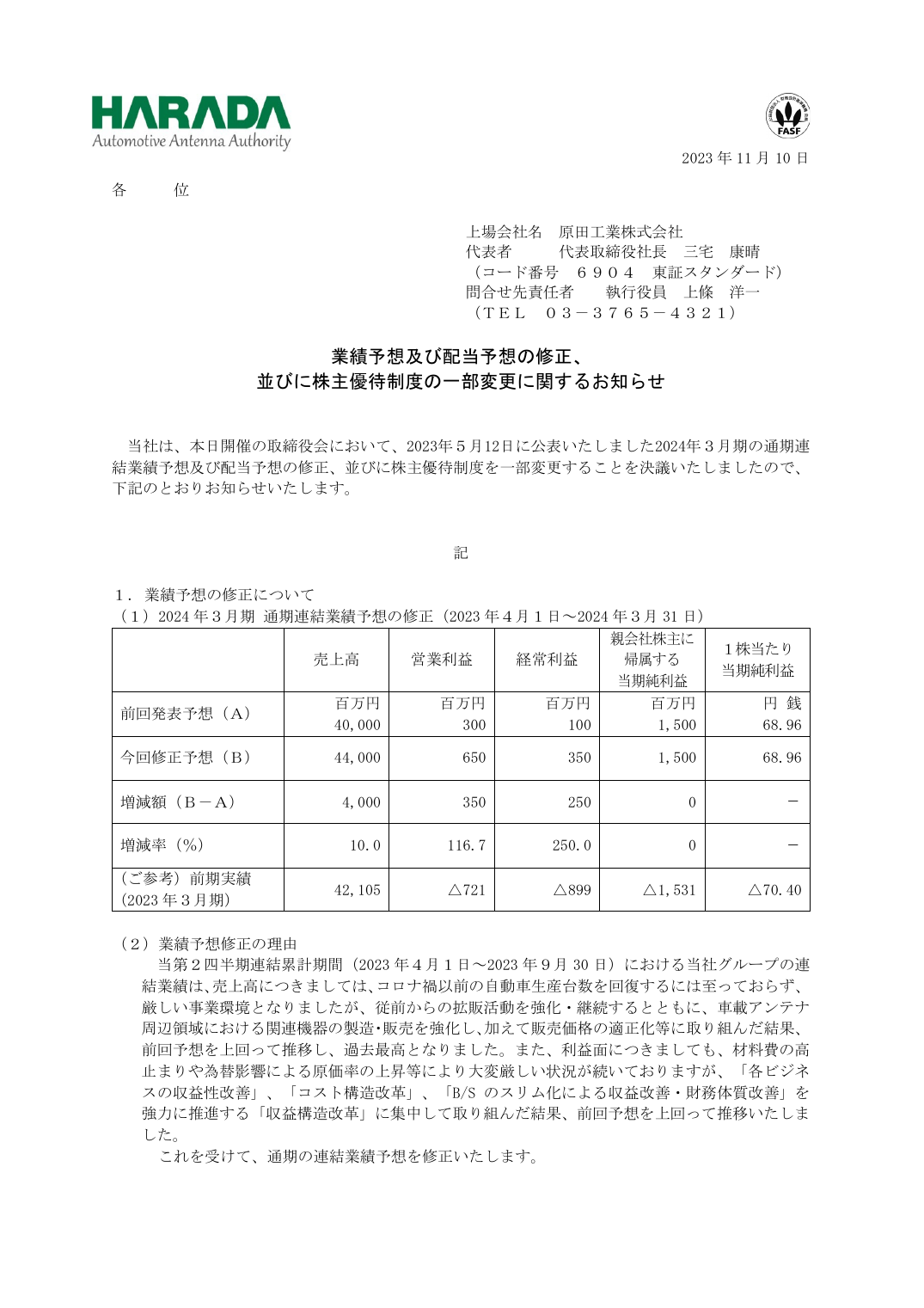 並びに株主優待制度の一部変更に関するお知らせ