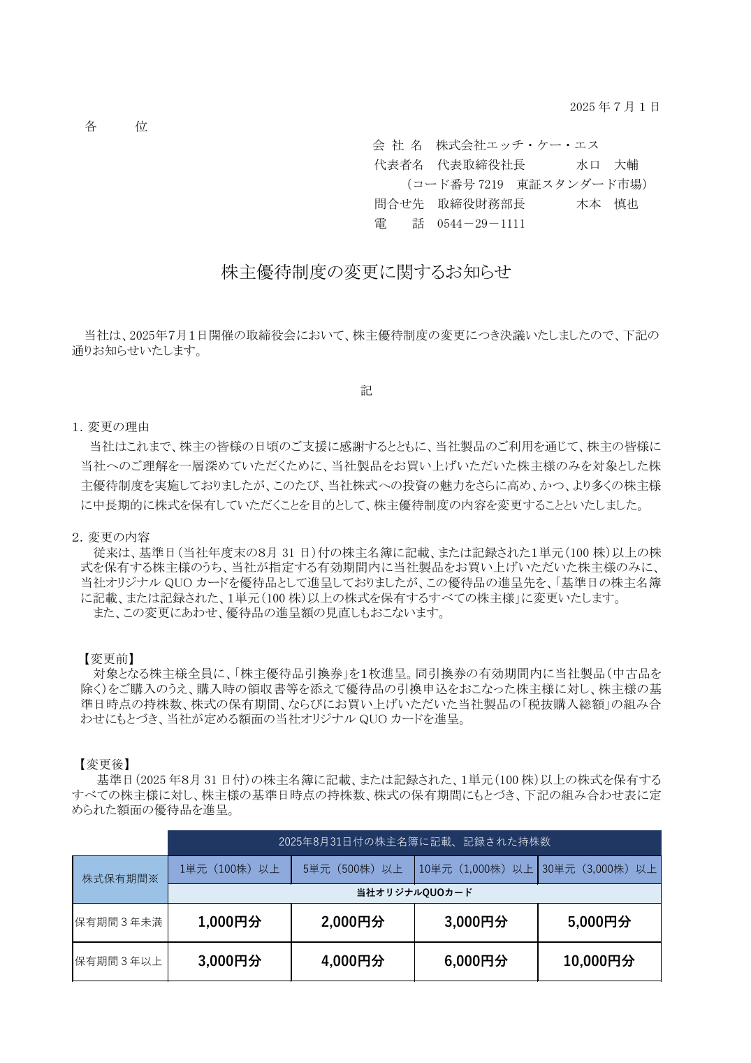 株主優待制度の変更に関するお知らせ
