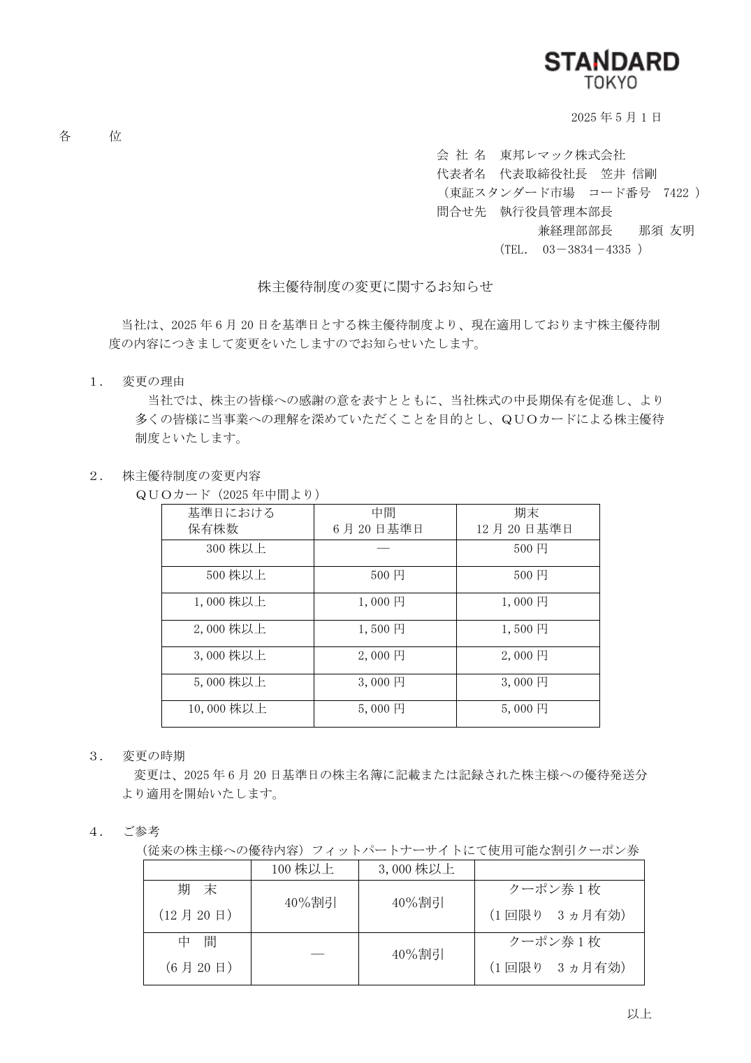 株主優待制度の変更に関するお知らせ