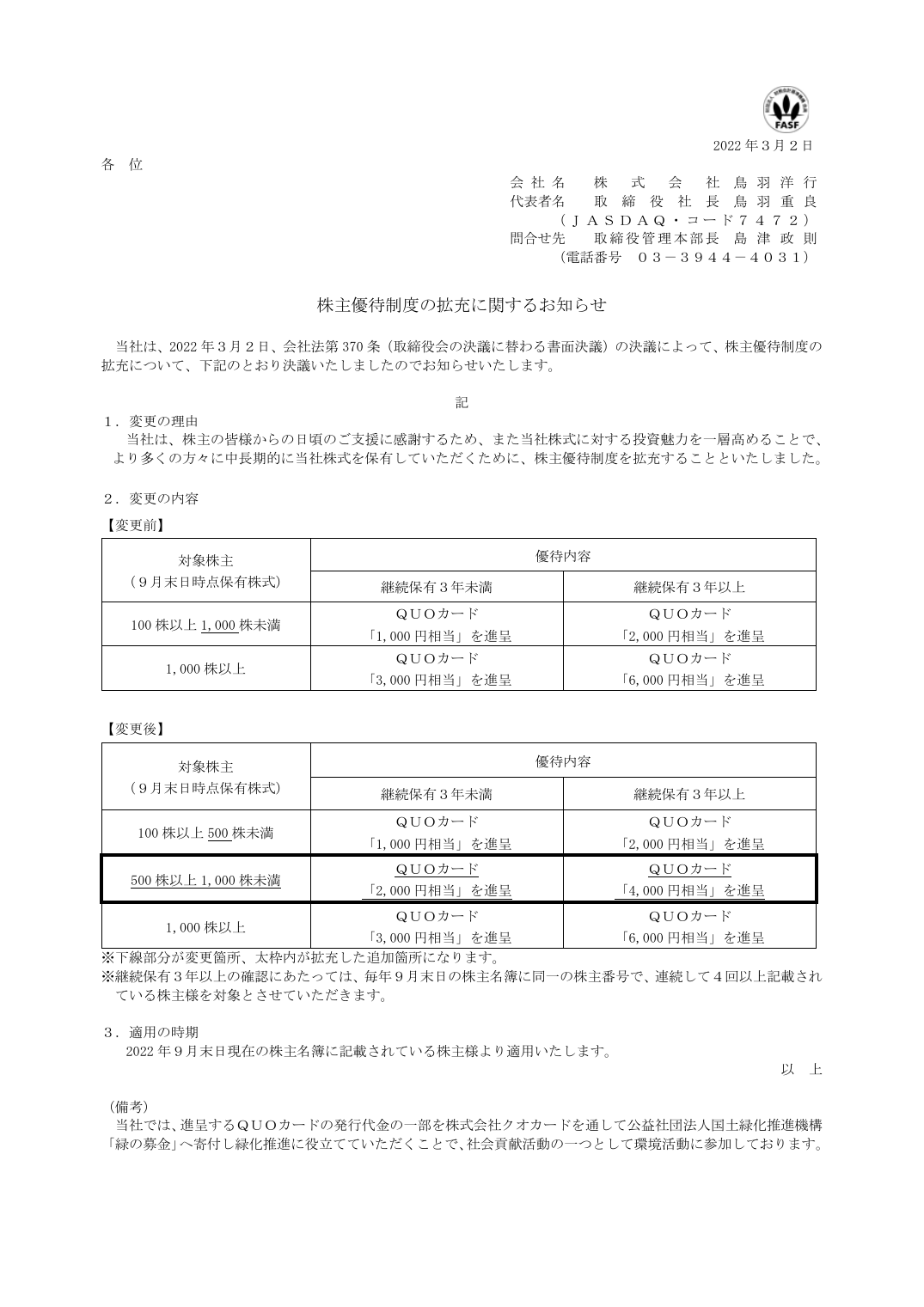 株主優待制度の拡充に関するお知らせ