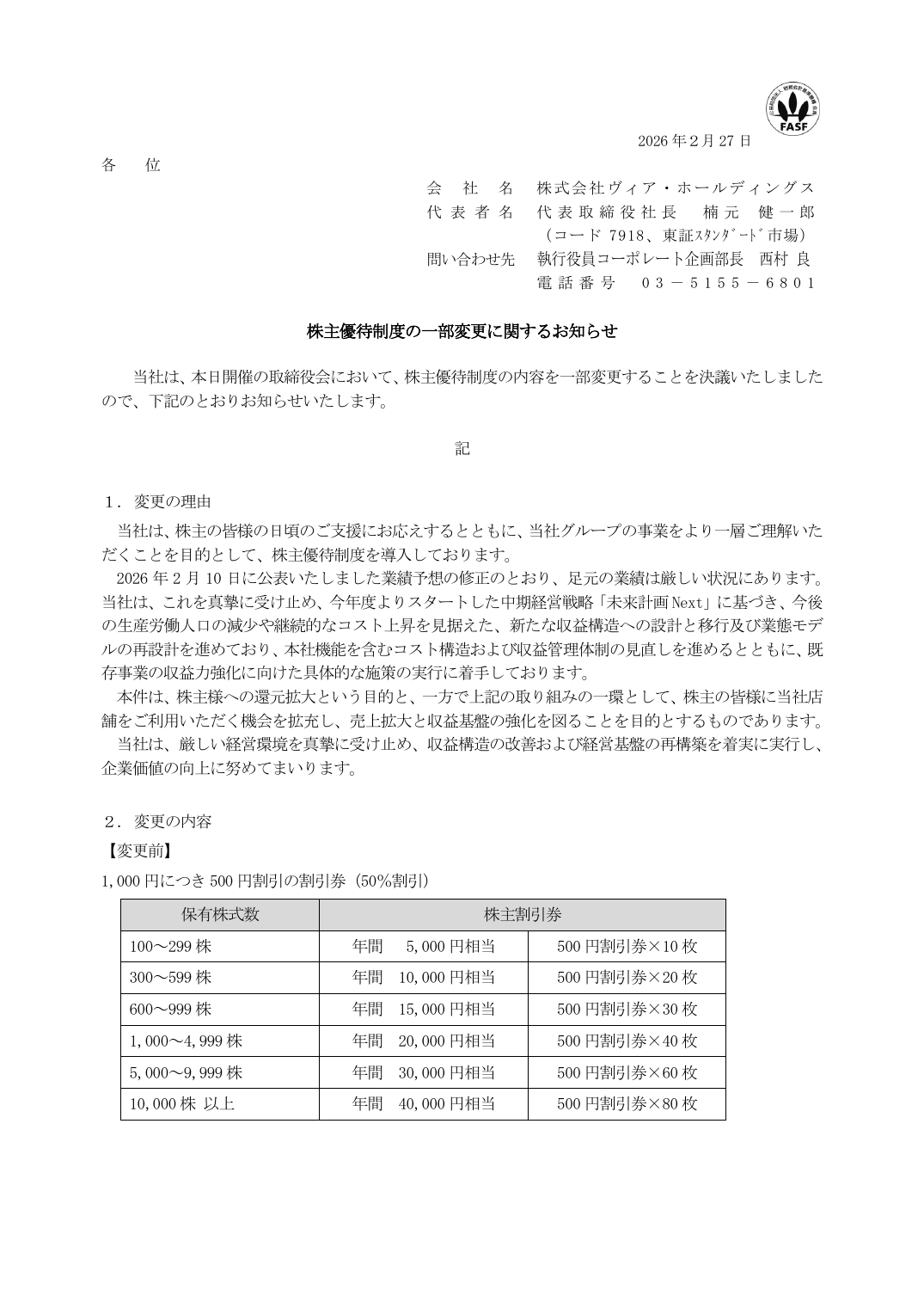 株主優待制度の一部変更に関するお知らせ