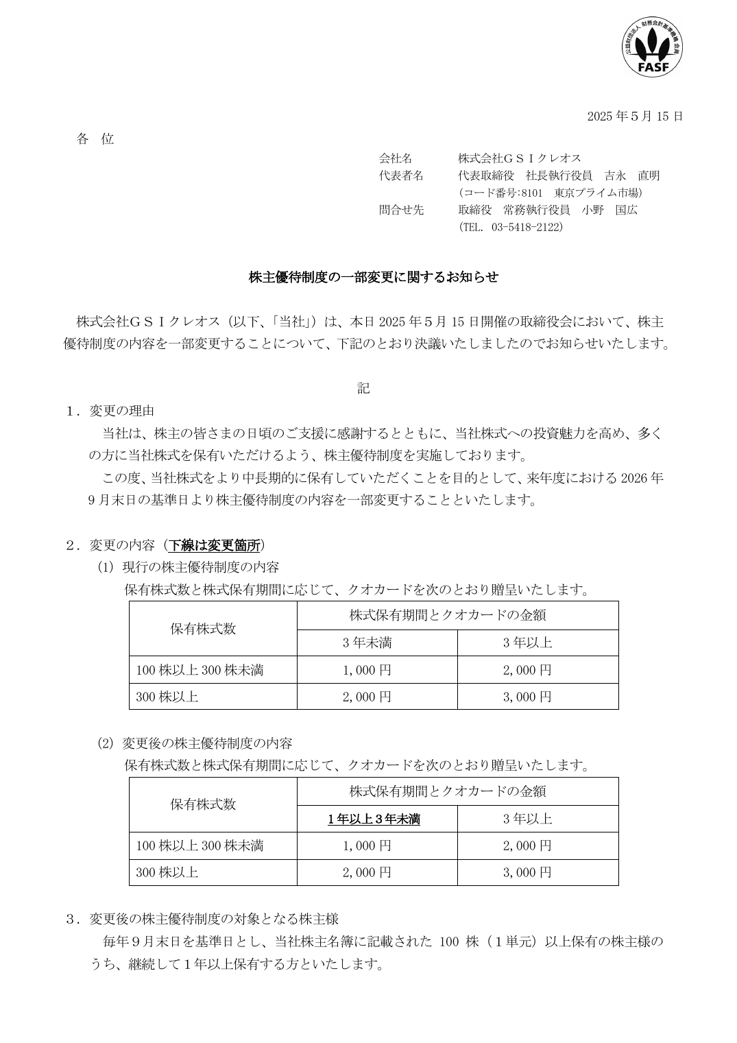 株主優待制度の一部変更に関するお知らせ