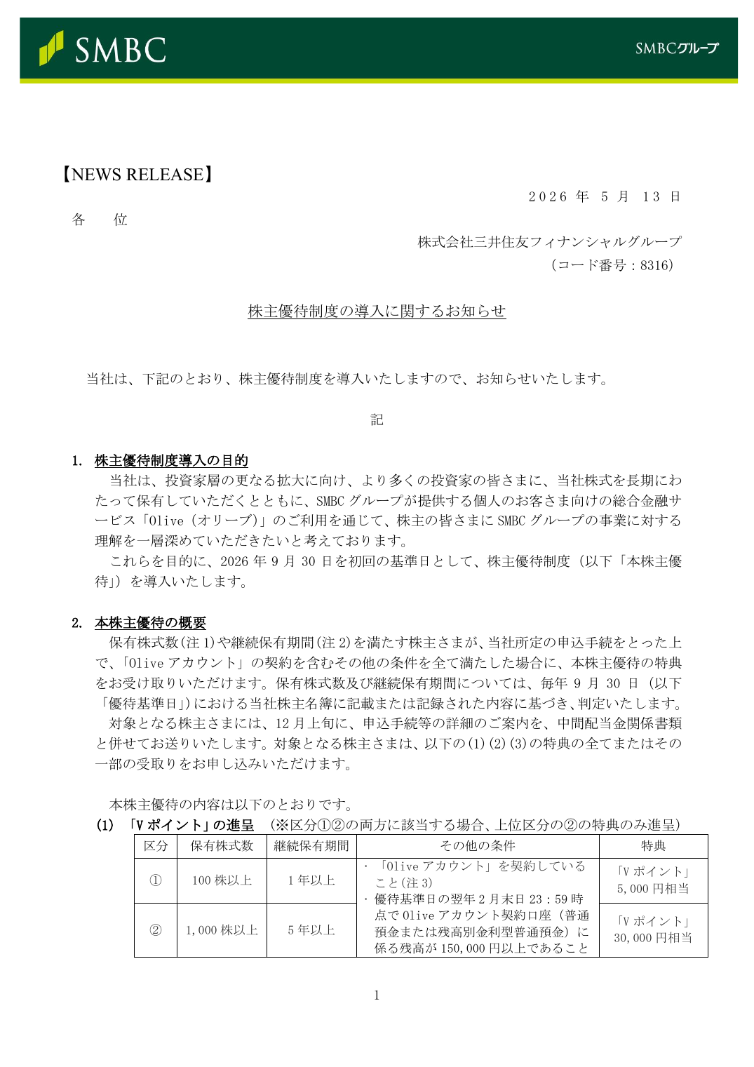 株主優待制度の導入に関するお知らせ