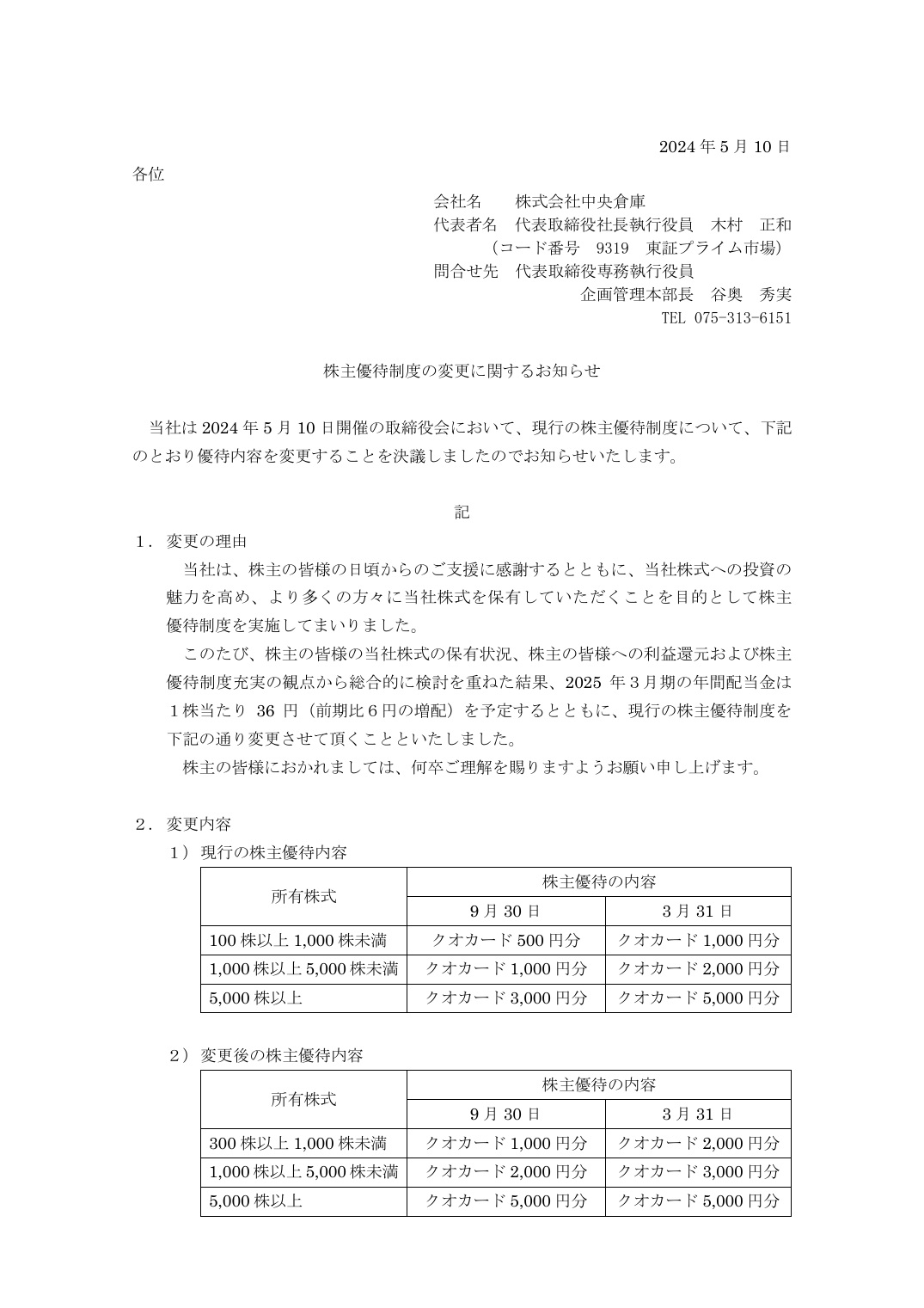 株主優待制度の変更に関するお知らせ