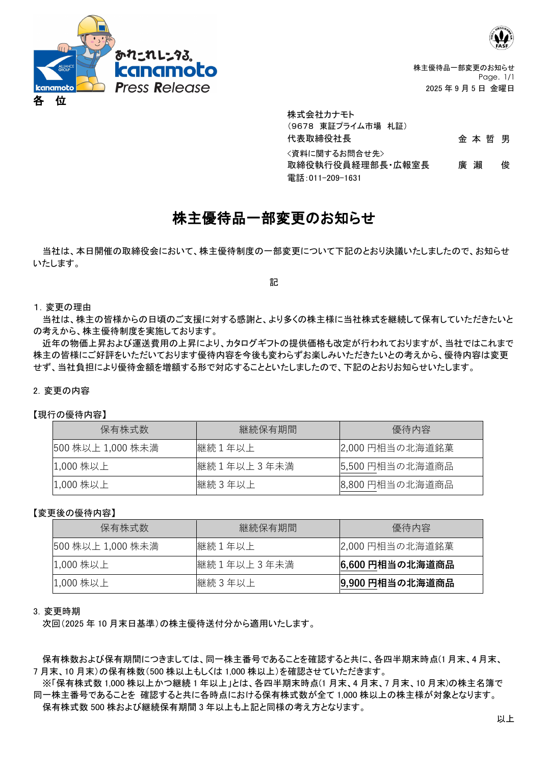 株主優待品一部変更のお知らせ