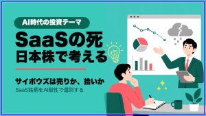 SaaSの死を日本株で考える記事のサムネイル。サイボウズなど国内SaaS銘柄をAI時代に選別する内容。