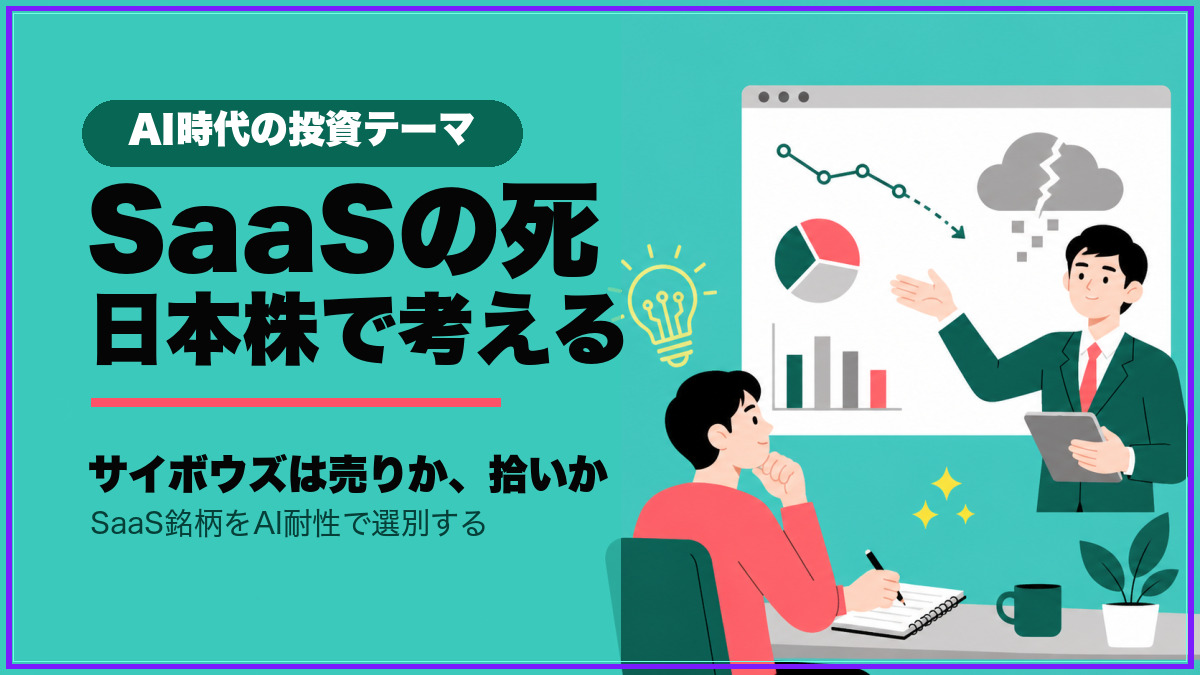 SaaSの死を日本株で考える記事のサムネイル。サイボウズなど国内SaaS銘柄をAI時代に選別する内容。