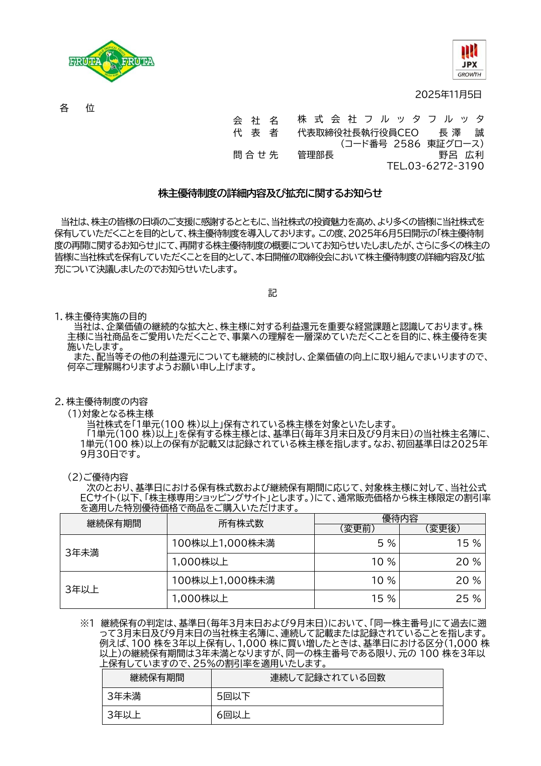 株主優待制度の詳細内容及び拡充に関するお知らせ