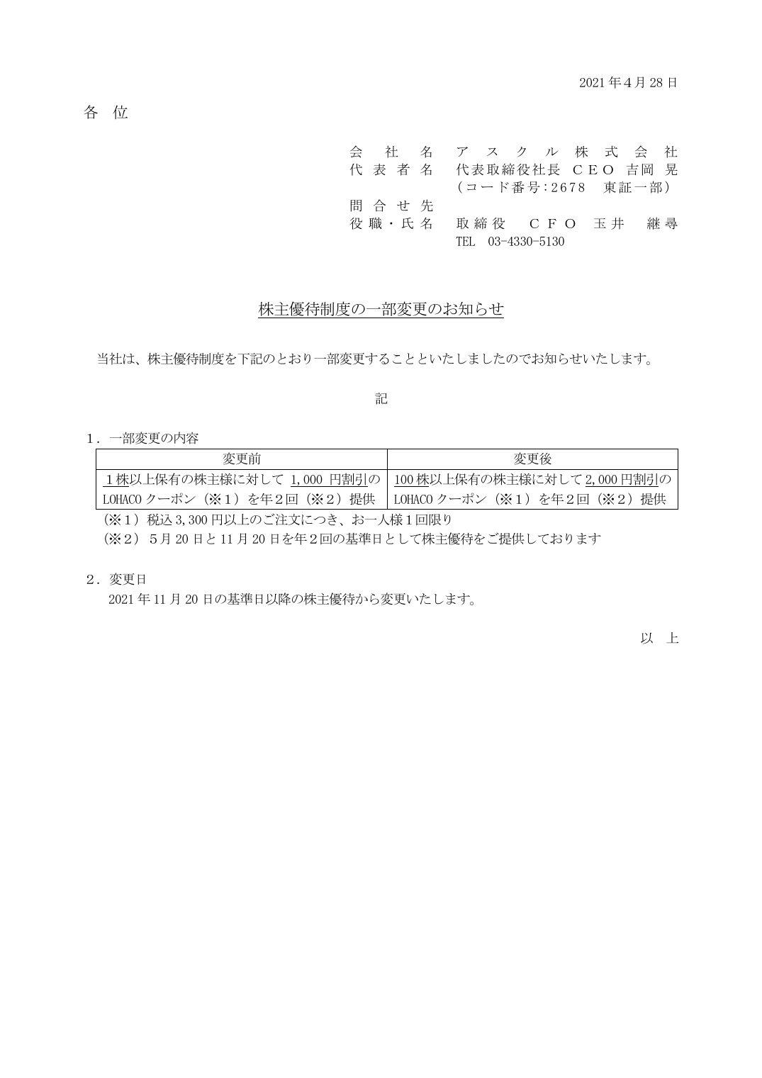 株主優待制度の一部変更のお知らせ