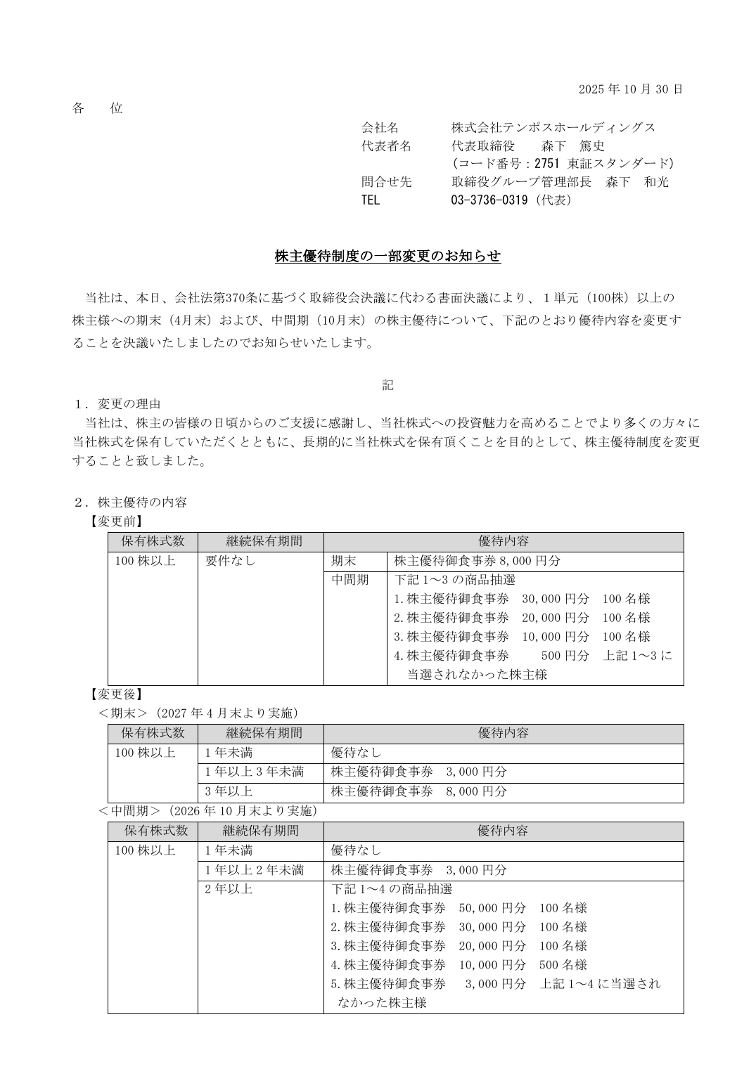 株主優待制度の一部変更のお知らせ
