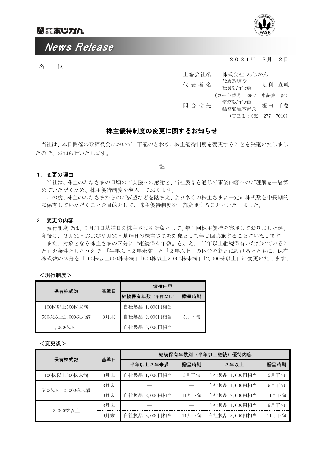 株主優待制度の変更に関するお知らせ