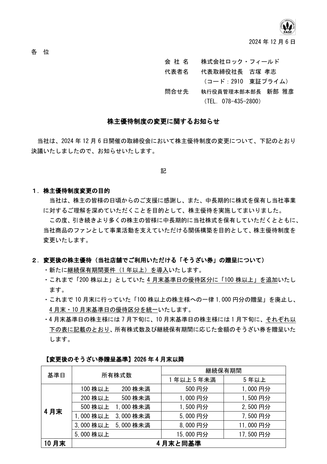 株主優待制度の変更に関するお知らせ