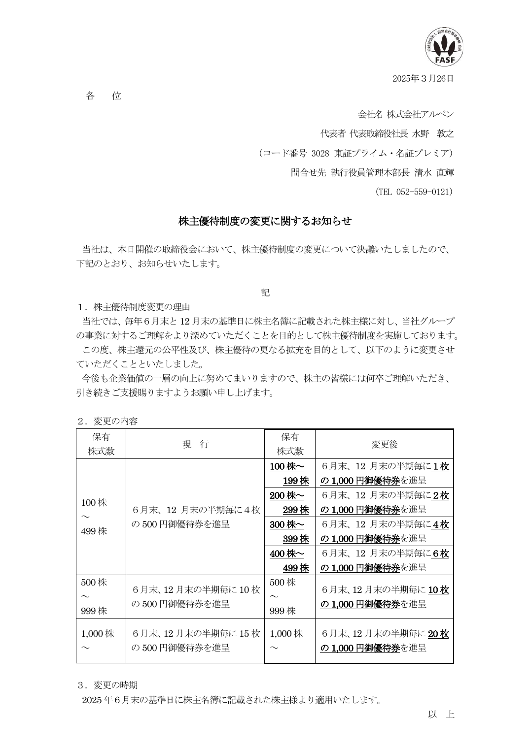 株主優待制度の変更に関するお知らせ