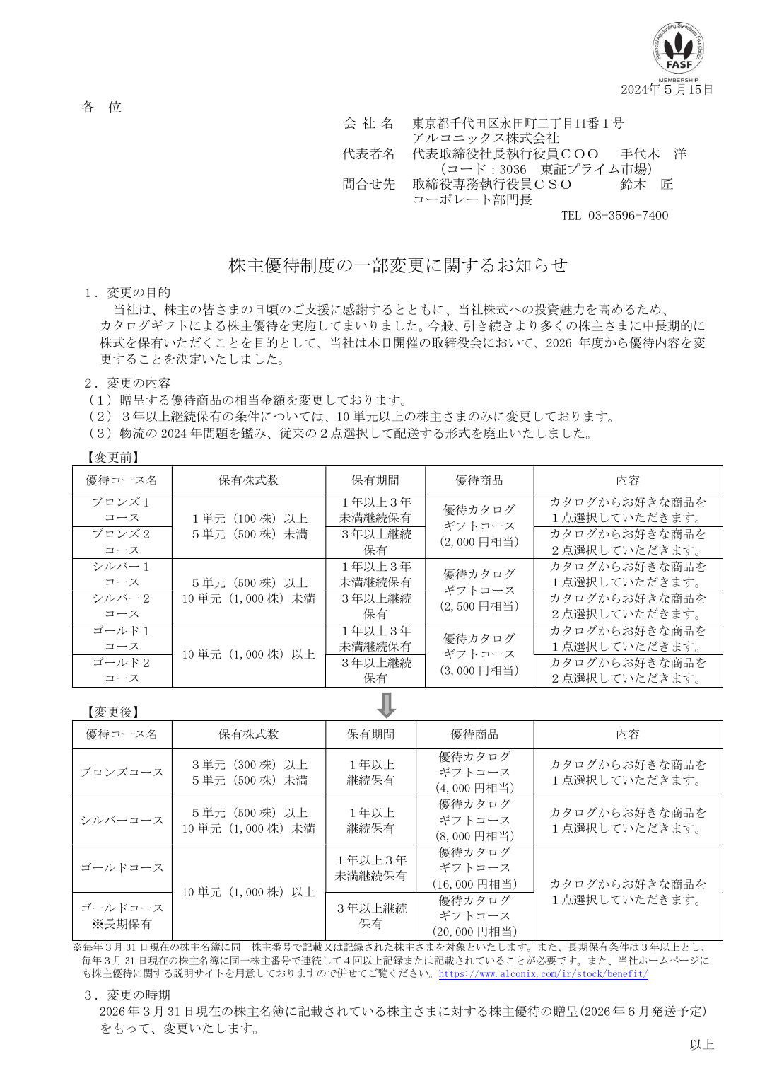 株主優待制度の一部変更に関するお知らせ