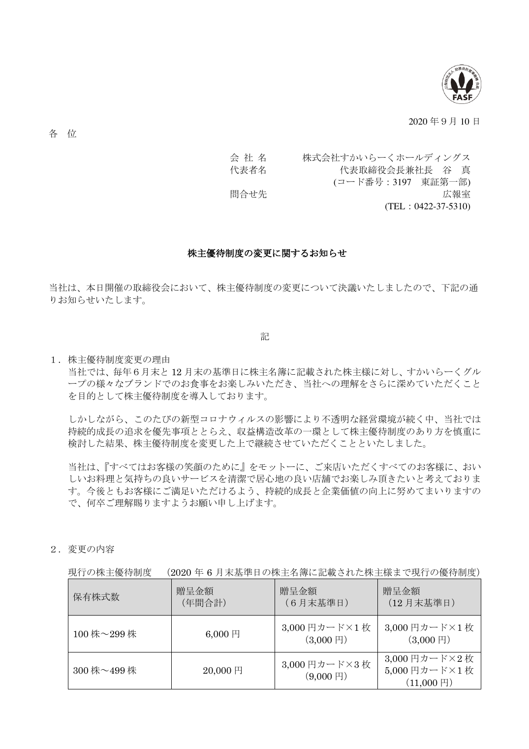 株主優待制度の変更に関するお知らせ