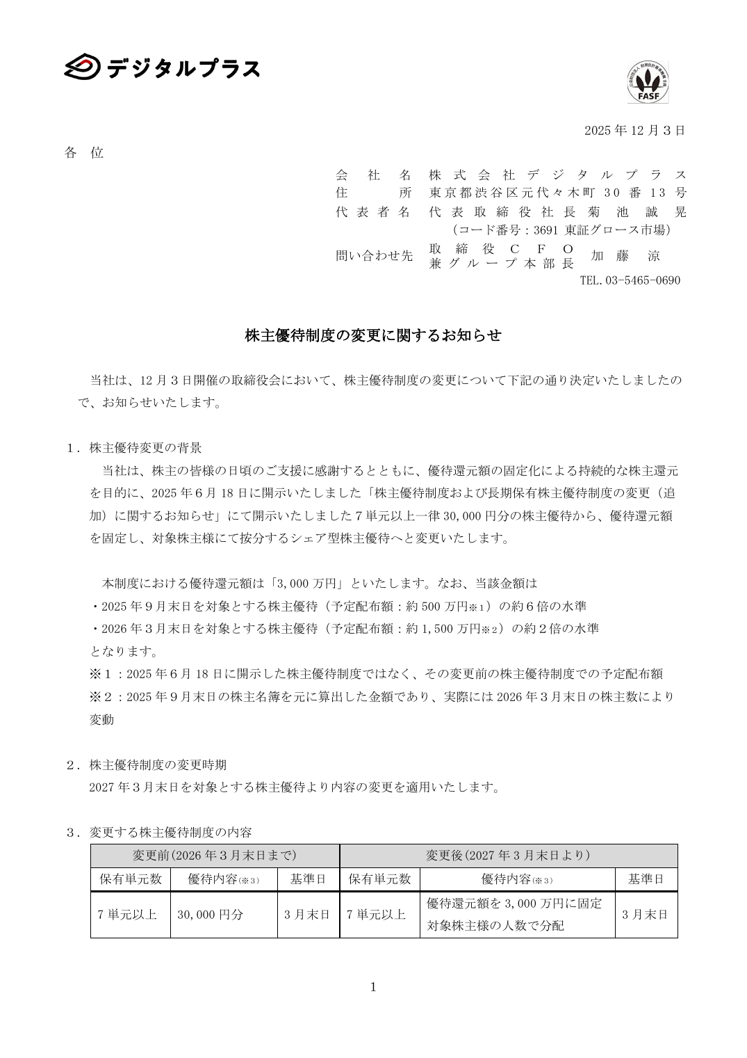 株主優待制度の変更に関するお知らせ