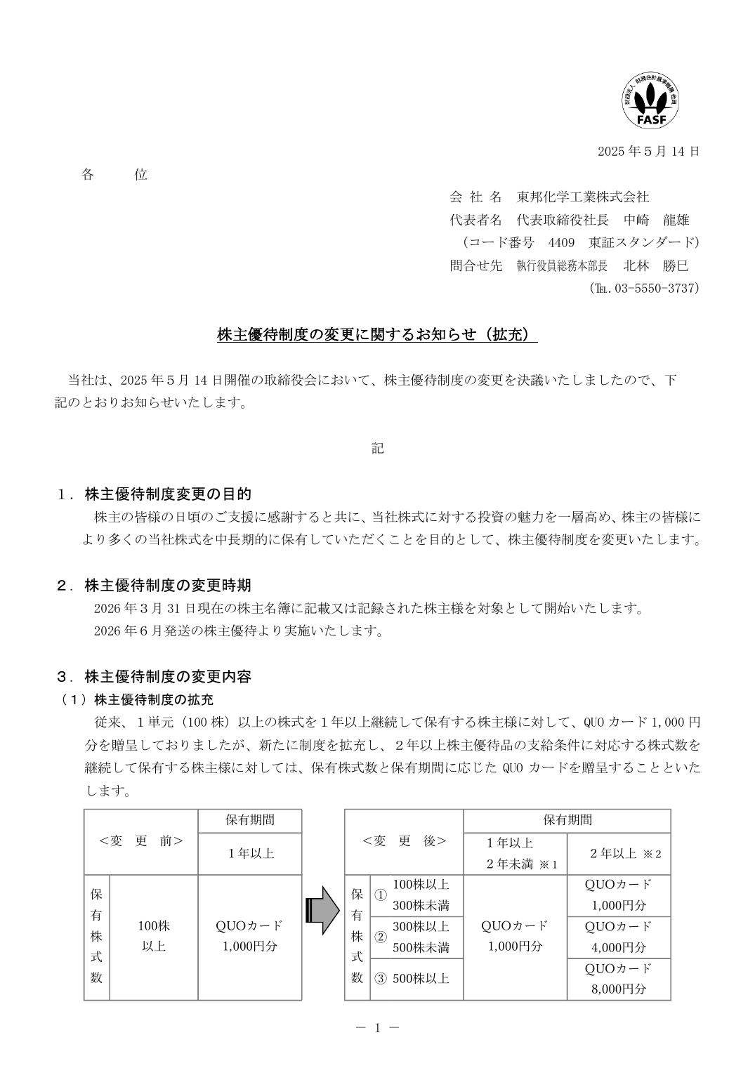 株主優待制度の変更に関するお知らせ（拡充）