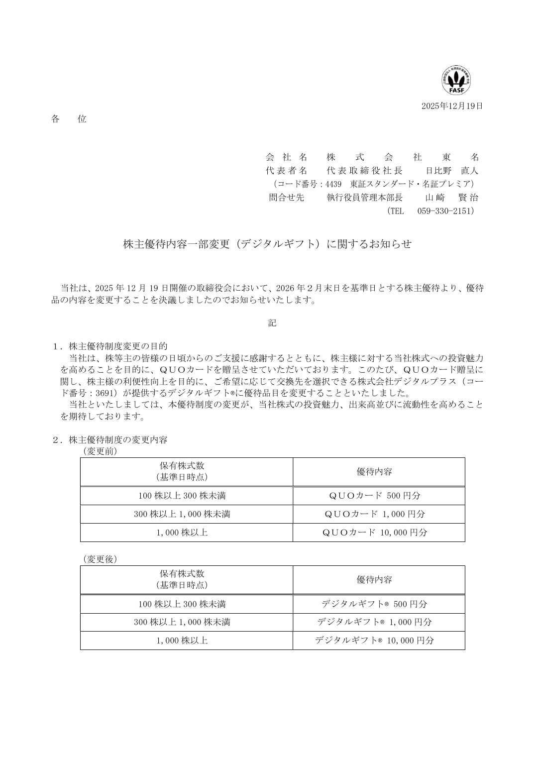 株主優待内容一部変更(デジタルギフト)に関するお知らせ