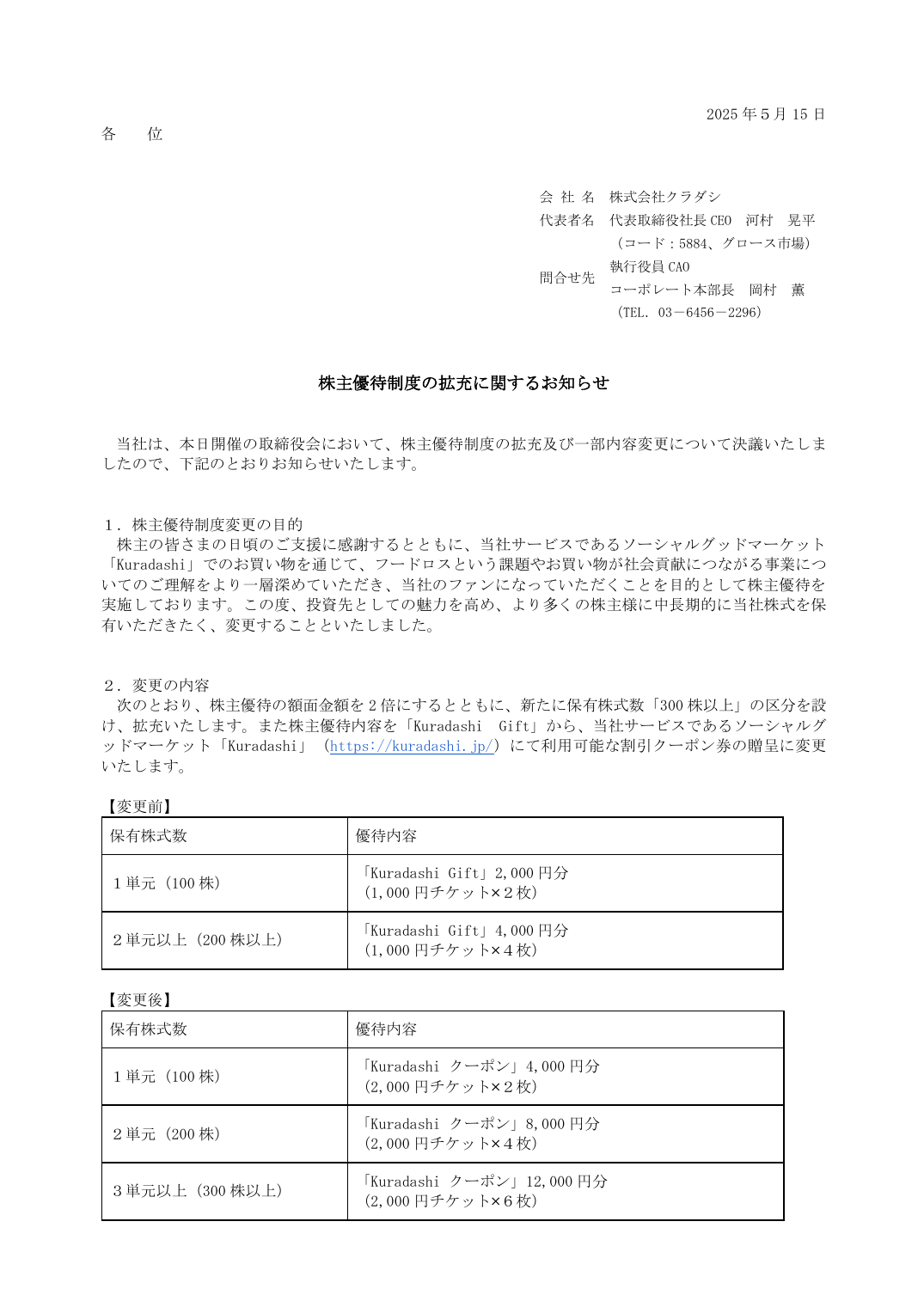 株主優待制度の拡充に関するお知らせ