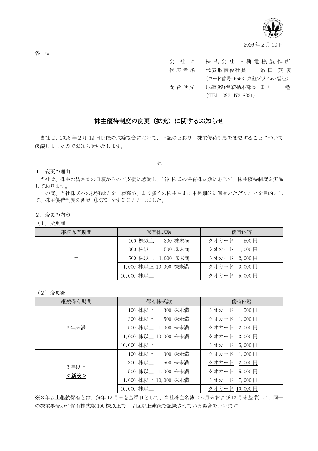 株主優待制度の変更（拡充）に関するお知らせ