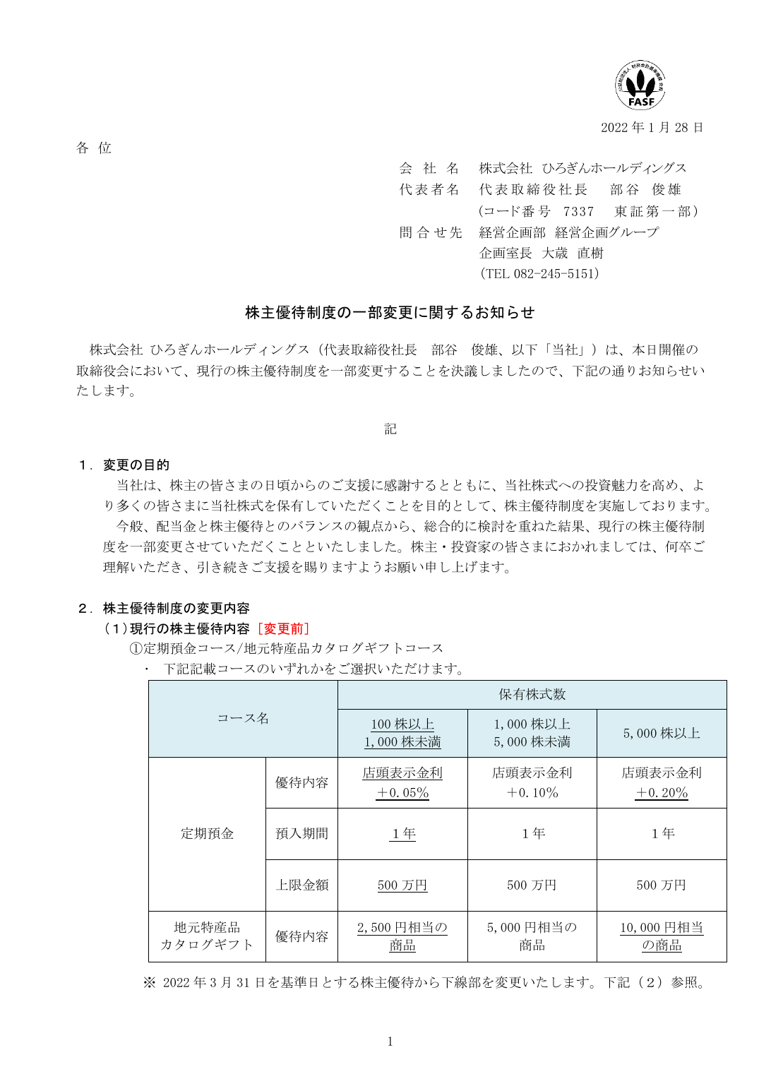 株主優待制度の一部変更に関するお知らせ