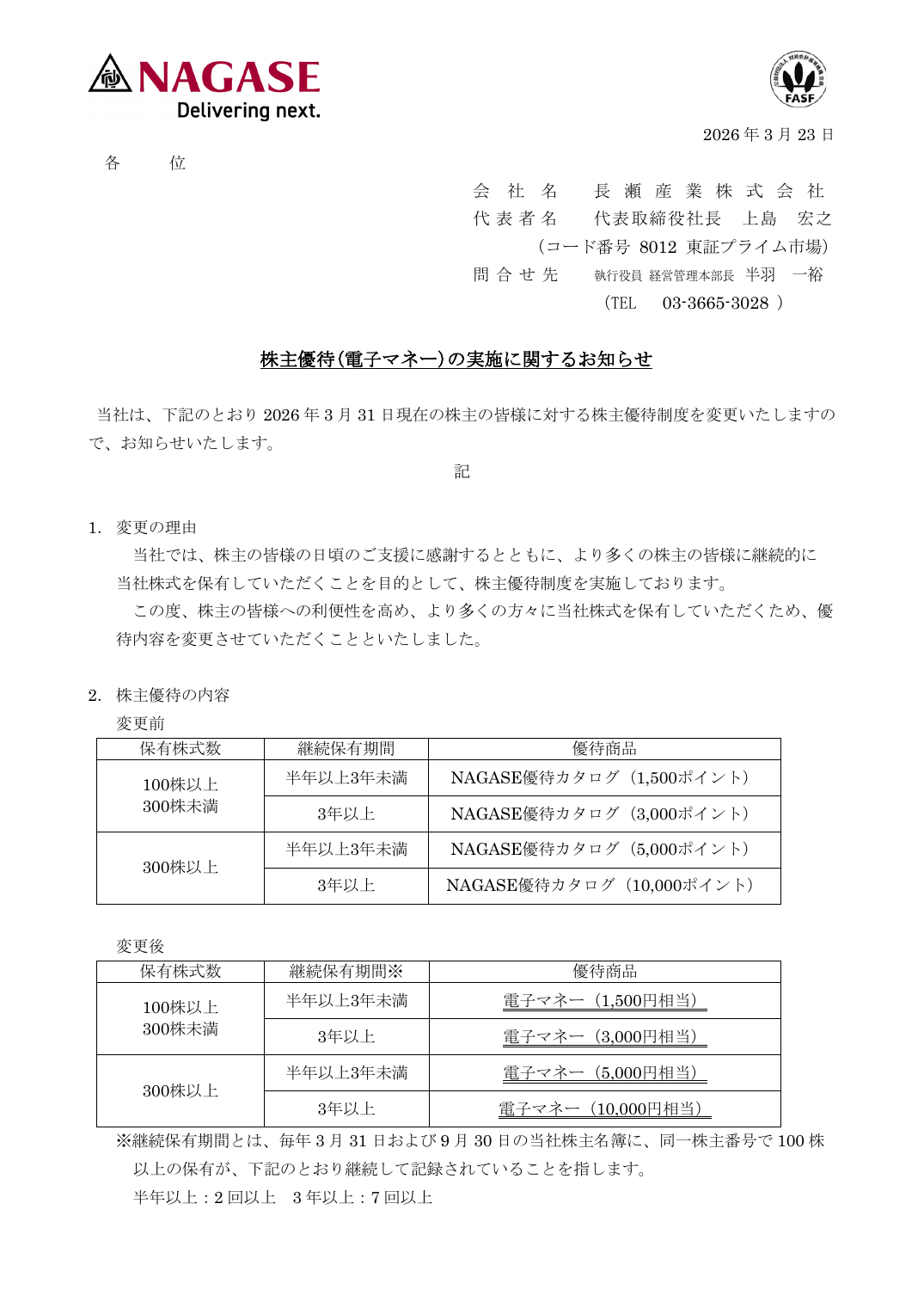 株主優待(電子マネー)の実施に関するお知らせ