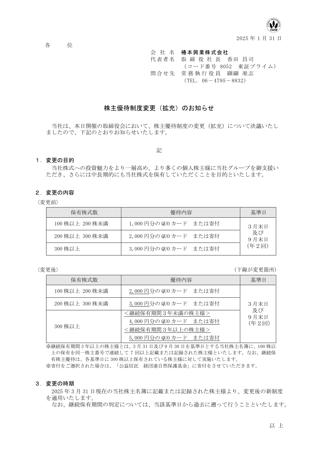 株主優待制度変更(拡充)のお知らせ