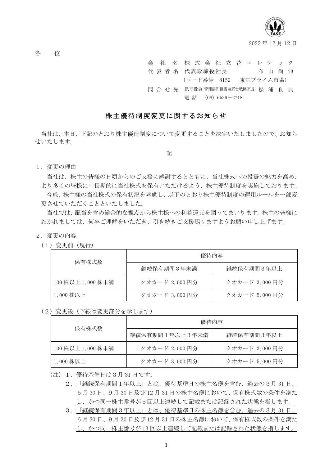 株主優待制度変更に関するお知らせ