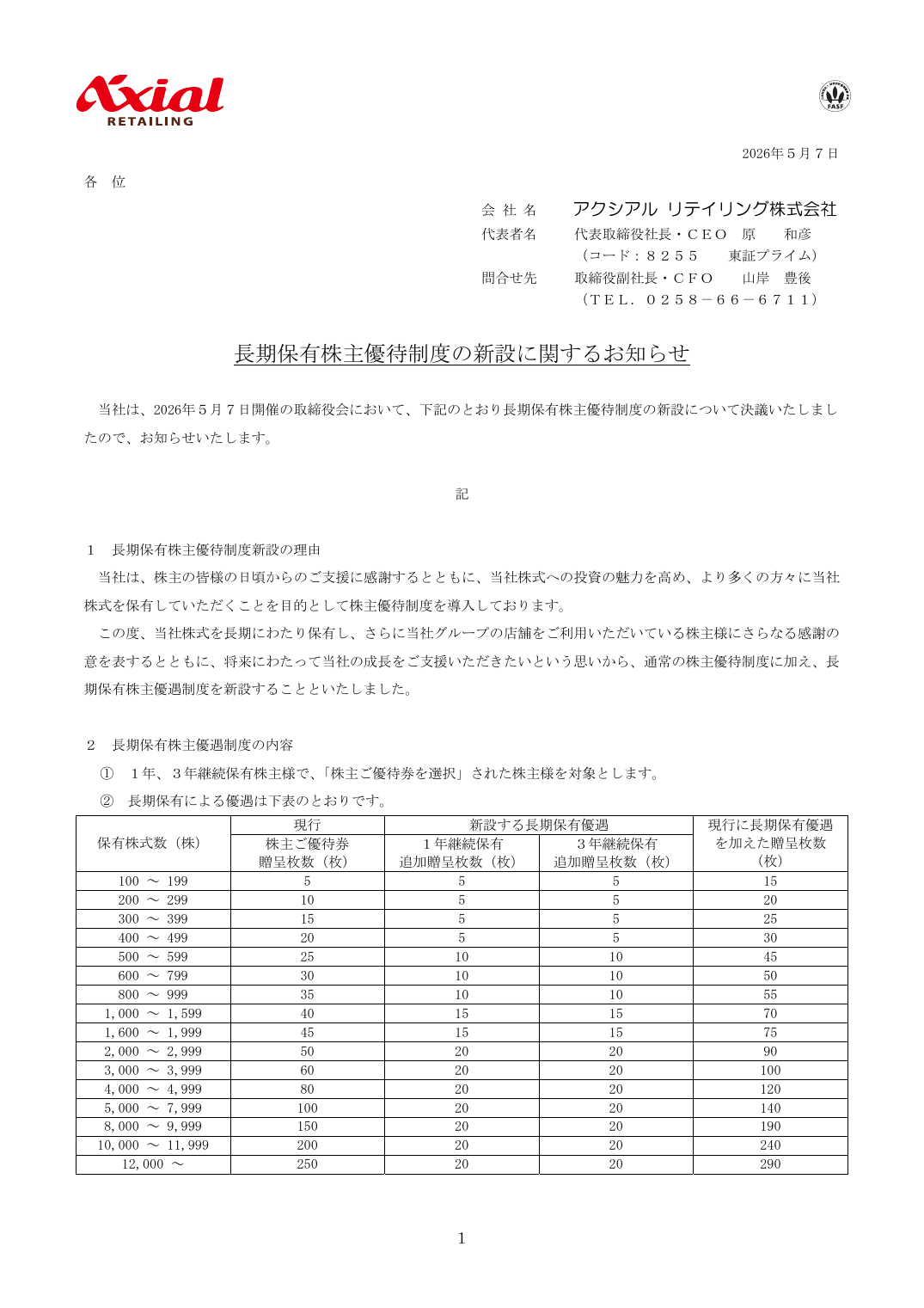 長期保有株主優待制度の新設に関するお知らせ
