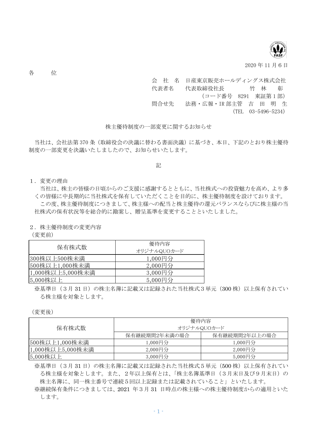 株主優待制度の一部変更に関するお知らせ
